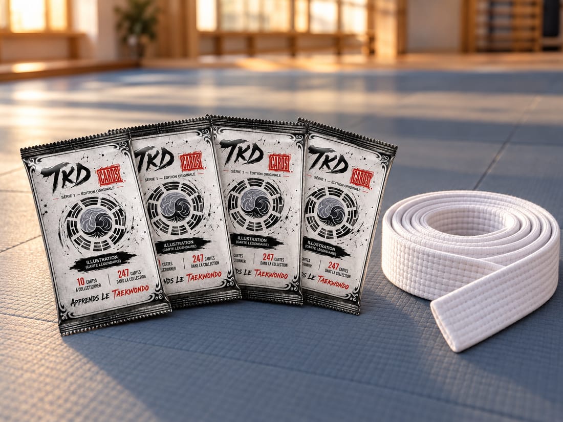 Quatre boosters TKD Cards et une ceinture blanche posés sur le tatami