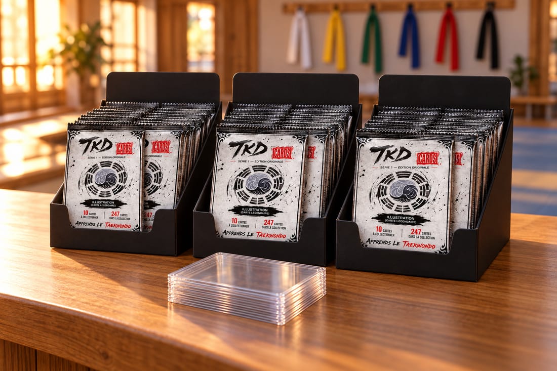 Présentoirs remplis de boosters TKD Cards et set professeur en PVC, sur la table d'accueil d'un club